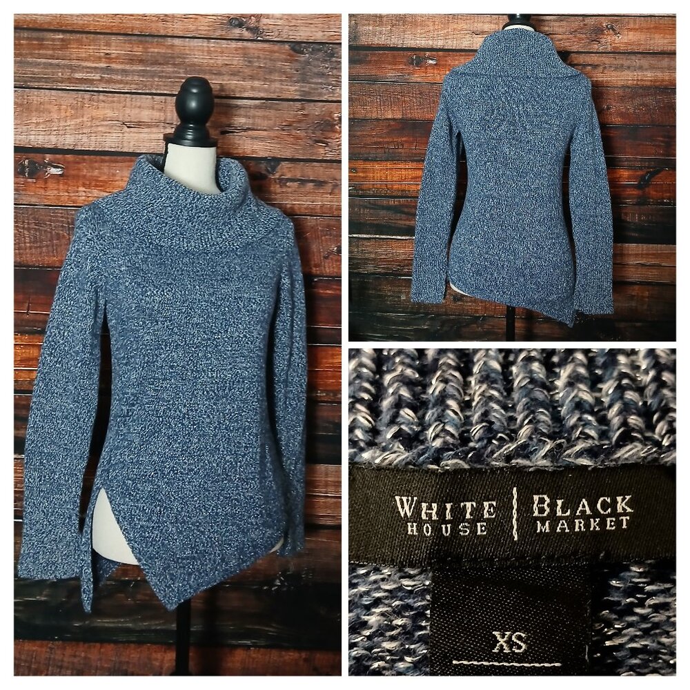 White House Black Market Sweater XS Blue Metallic Silver Marled Cowl Turtleneck